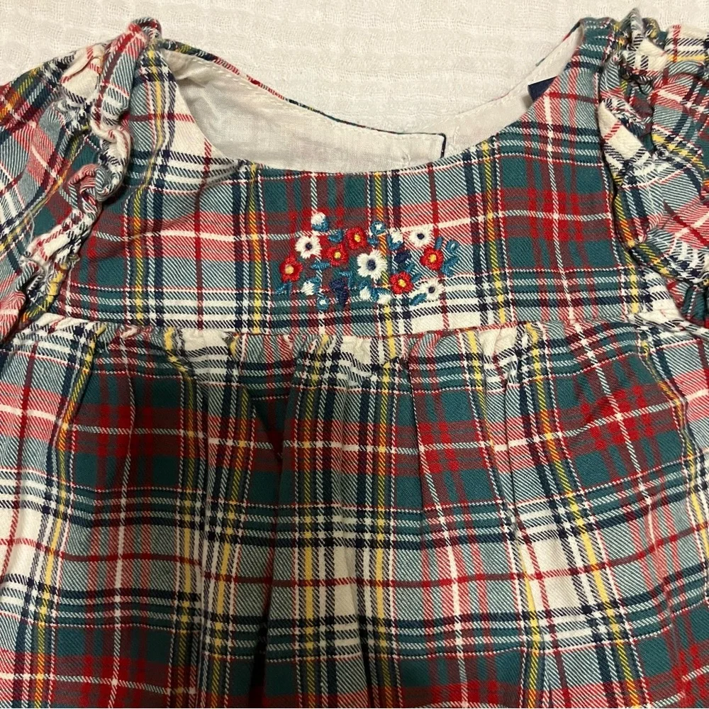VTG Baby Gap 100% cotton plaid long sleeve dress‎ floral embroidery Sz 3-6m